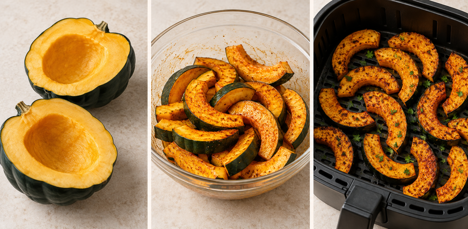 AI-illustrated preparation stages for Air Fryer Acorn Squash Slices