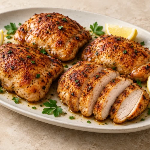 Lemon garlic boneless chicken thighs with golden seasoning and a sliced cooked center