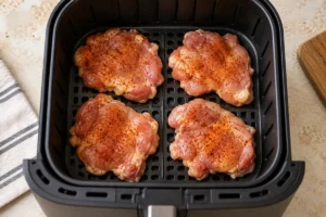 Seasoned raw chicken thighs spaced in an air fryer basket