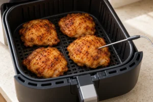 Checking cooked chicken thighs with a food thermometer