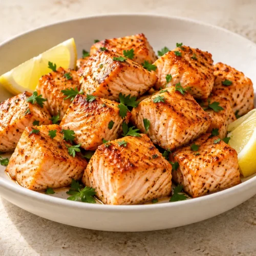 Cooked paprika salmon bites with lemon wedges and parsley