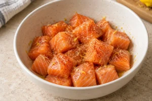 Raw salmon cubes coated in paprika and lemon zest