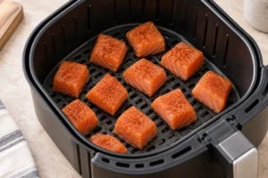 Seasoned raw salmon cubes spaced in an air fryer basket