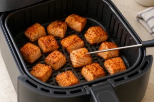 Checking cooked salmon cubes with a thin food thermometer