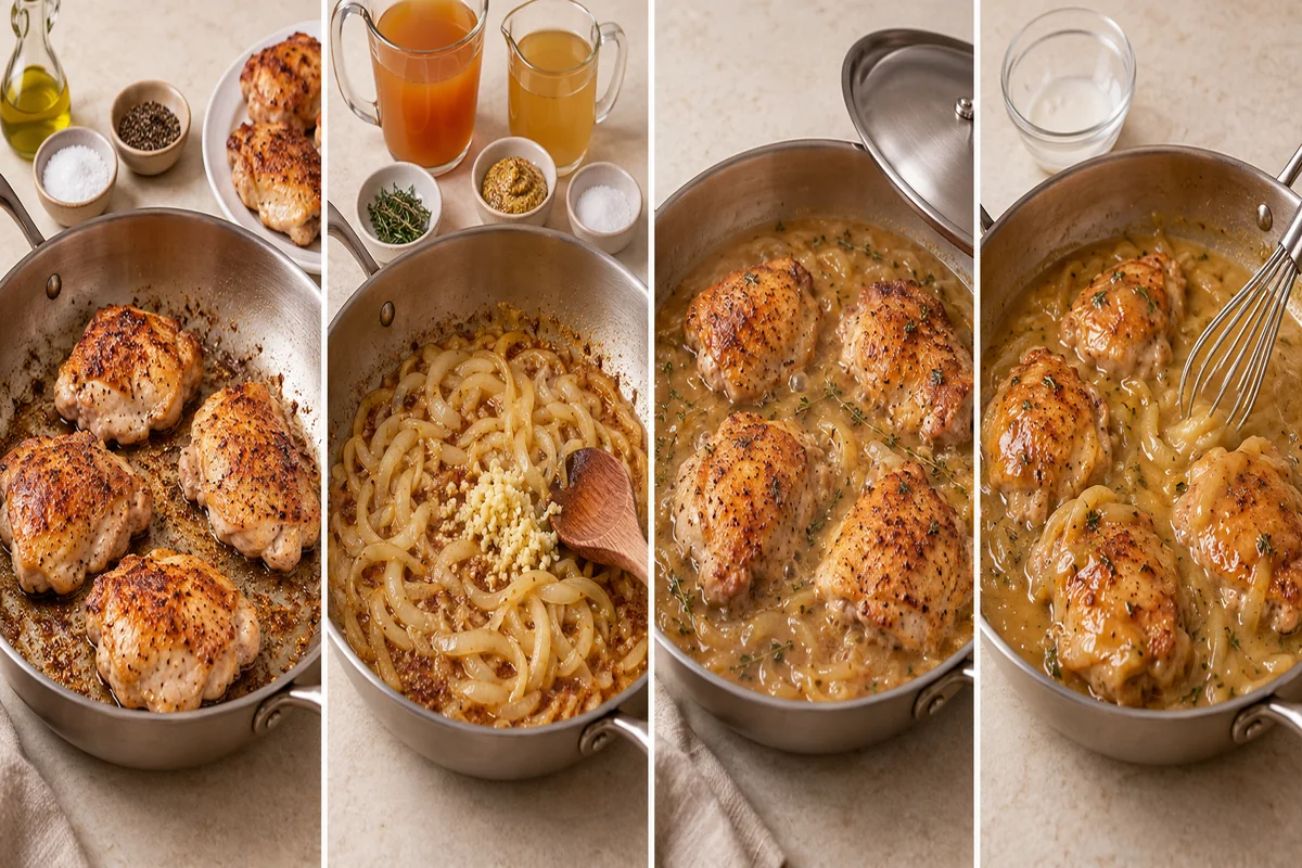 AI-illustrated preparation stages for Skillet Apple Cider Chicken Thighs