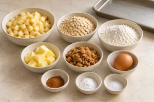 Small diced apple, oats, flour, butter, brown sugar and one egg