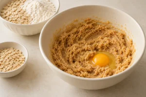 Beating butter and brown sugar before mixing in an egg