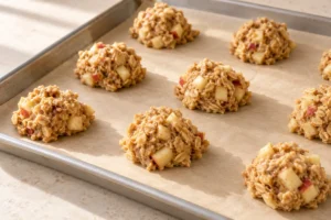 Apple oat cookie dough portions spaced across a lined tray