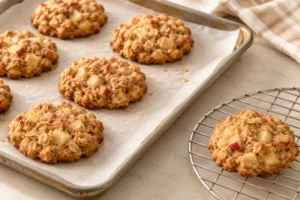 Lightly golden apple oat cookies cooling on the tray and rack