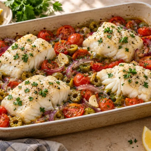 Baked cod with cherry tomatoes and green olives