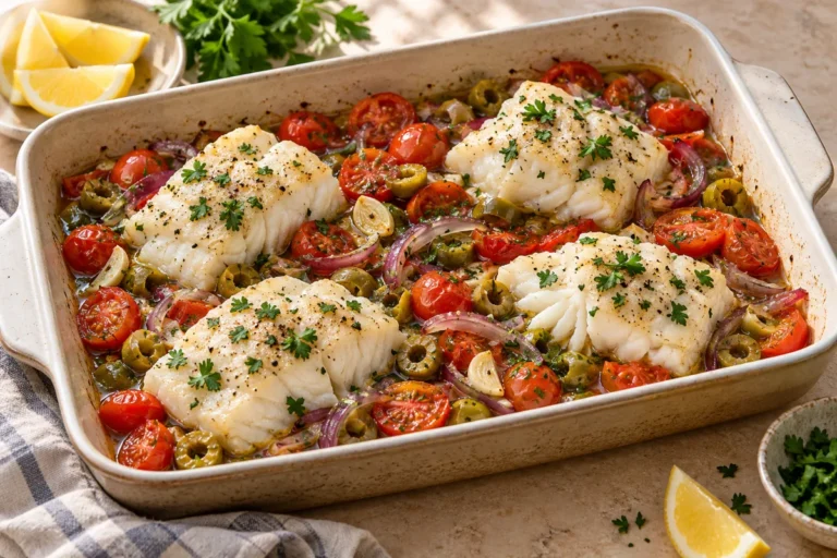 Baked cod with cherry tomatoes and green olives