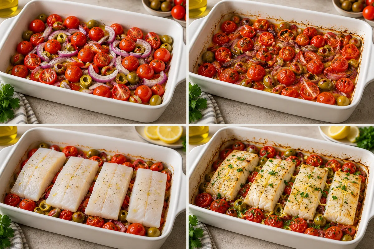 Four-stage preparation illustration for Baked Cod with Cherry Tomatoes and Olives