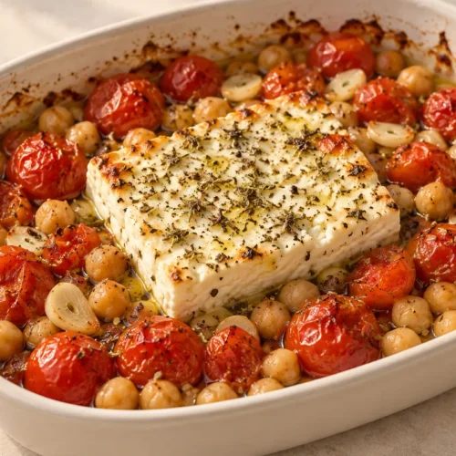 Baked feta with chickpeas and burst cherry tomatoes