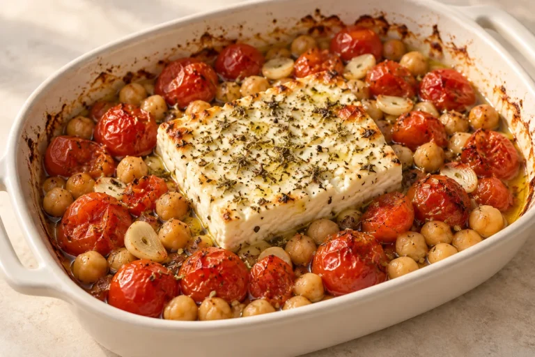 Baked feta with chickpeas and burst cherry tomatoes