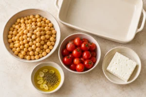 Measured chickpeas, cherry tomatoes, feta and seasonings