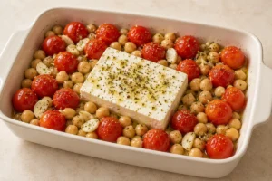 Raw feta block surrounded by chickpeas and cherry tomatoes in a baking dish