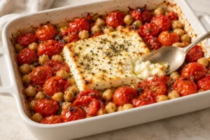 Roasted feta and tomatoes with tender chickpeas