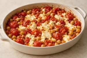 Stirring softened feta into tomato juices and chickpeas