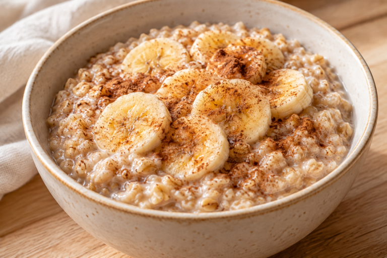 Creamy oat porridge topped with sliced banana and cinnamon in an ivory bowl