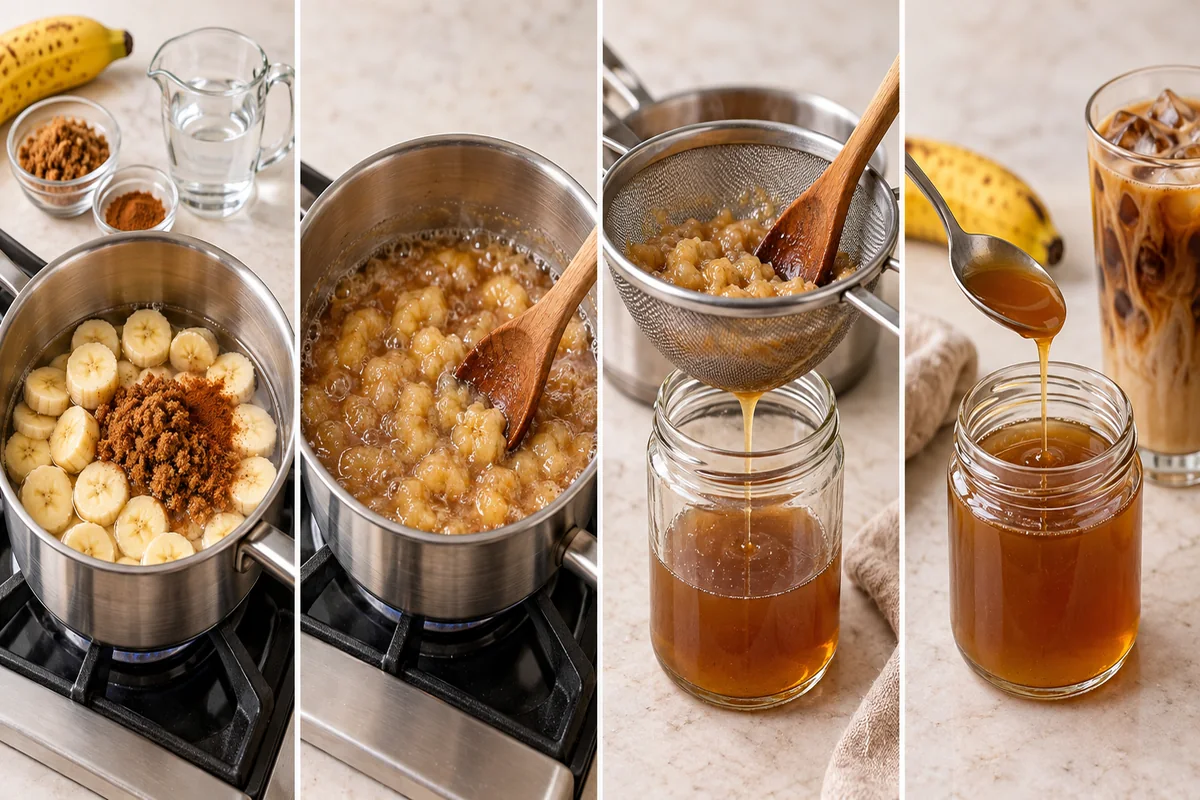 AI-illustrated preparation stages for Homemade Banana Coffee Syrup