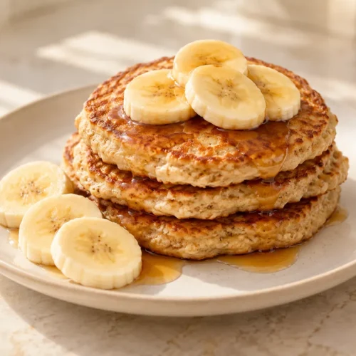 Small banana oat pancakes with optional banana slices and syrup