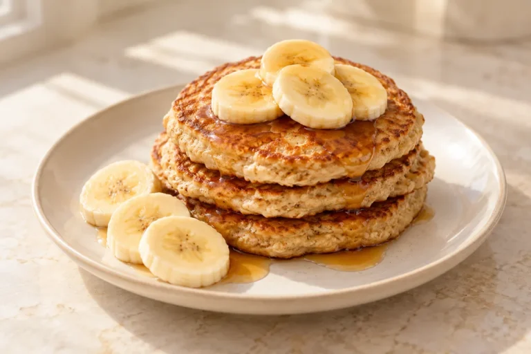 Small banana oat pancakes with optional banana slices and syrup
