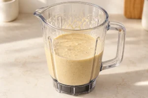 Blended banana oat batter resting in a blender jug