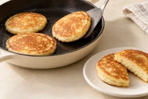 Turned golden pancakes and a cut pancake with a set center