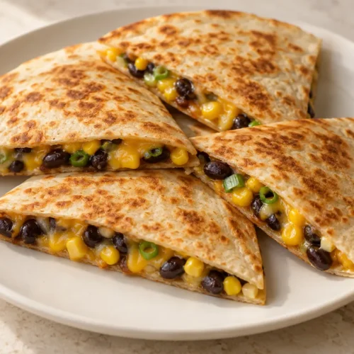 Golden quesadilla wedges with black beans, corn, melted cheddar and spring onion