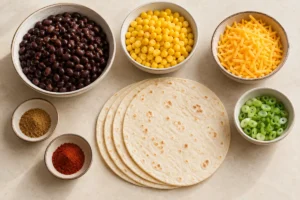 Black beans, corn, grated cheddar, spring onions and tortillas prepared for quesadillas