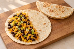 Cheddar and black bean-corn filling spread on one half of a tortilla ready to fold