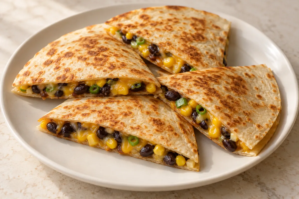 Golden quesadilla wedges with black beans, corn, melted cheddar and spring onion
