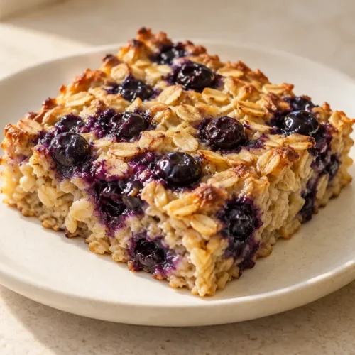 Moist square of baked blueberry oatmeal on an ivory plate