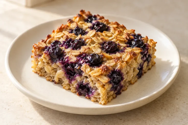 Moist square of baked blueberry oatmeal on an ivory plate