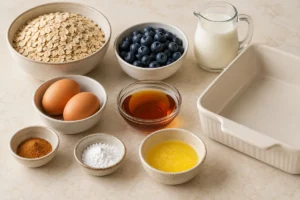 Rolled oats, blueberries, milk, two eggs, maple syrup and baking ingredients