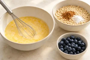 Whisking the egg milk mixture beside dry oats and blueberries