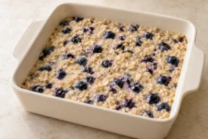 Unbaked blueberry oat mixture spread in a square baking dish
