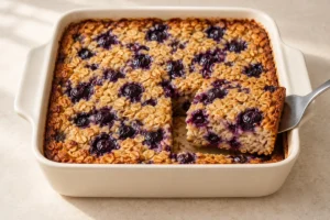 Golden blueberry baked oatmeal portion lifted from the dish