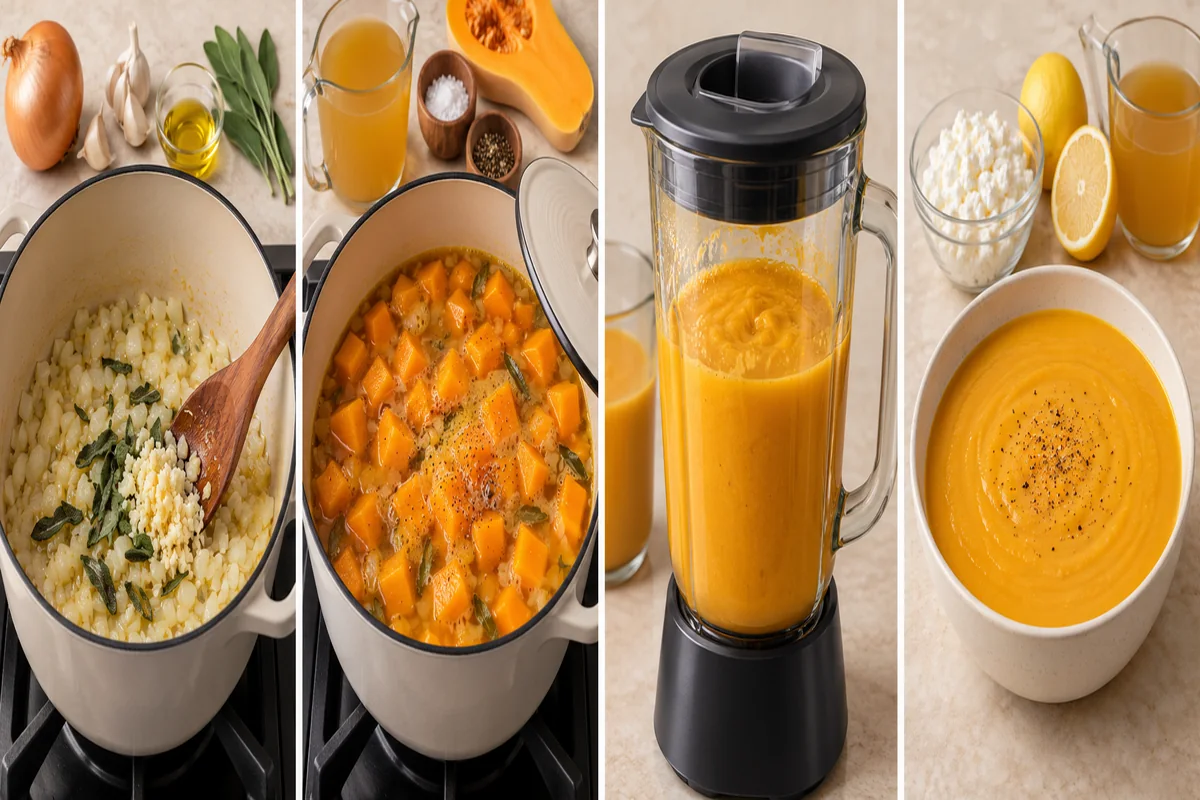 AI-illustrated preparation stages for Butternut Squash Soup with Cottage Cheese