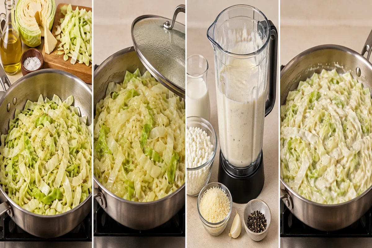 AI-illustrated preparation stages for Cabbage Alfredo with Cottage Cheese