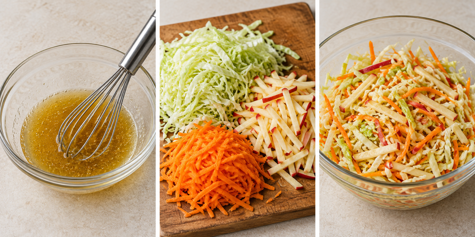 AI-illustrated preparation stages for Cabbage Apple Slaw Without Mayo