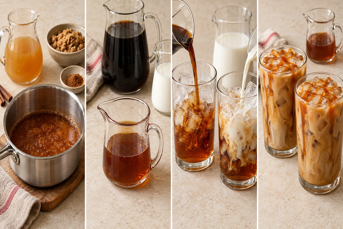 AI-illustrated preparation stages for Caramel Apple Iced Coffee with Apple Syrup
