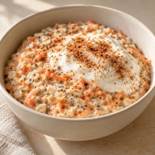 Chilled carrot cinnamon oats with chia and plain yogurt
