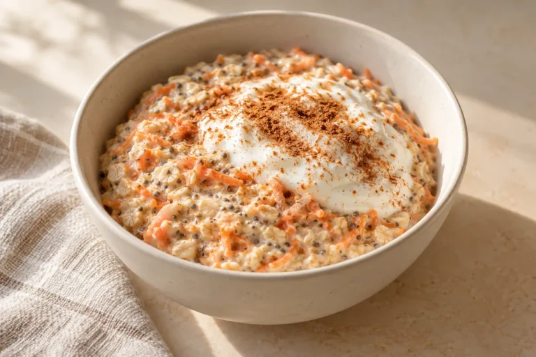 Chilled carrot cinnamon oats with chia and plain yogurt
