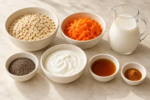 Rolled oats, grated carrot, chia, milk, yogurt, maple syrup and cinnamon