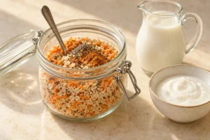 Mixing oats, grated carrot, chia and cinnamon in a jar