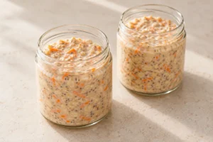 Milk and yogurt stirred into carrot oats in two jars