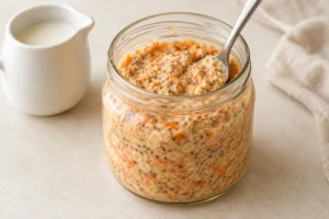 Stirring thick chilled carrot oats and adjusting with milk