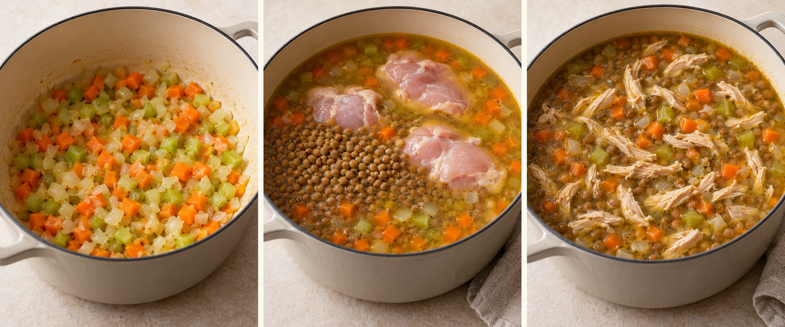AI-illustrated preparation stages for Chicken Lentil Soup with Brown Lentils