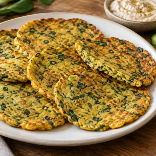 Six golden savory chickpea flour pancakes with spinach and scallions beside white bean dip